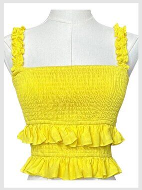 Lovers + Friends Smocked Ruffle Crop Top Yellow S